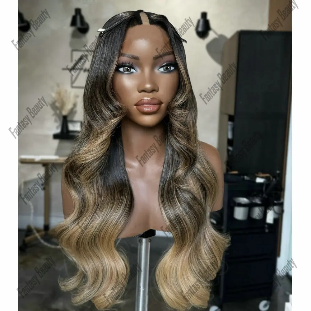 

28inch Slightly Curly Ombre Honey Blonde U Part Wig Human Hair for Women Easy Wear Hightlights Brazilian Hair 1*4Size V part Wig