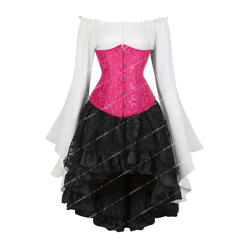 Medieval Corset Skirt Outfit Waist Trainer Jacquard Bustiers Sets Birthday Party Clubwear Renaissance Korsett Burlesque Costumes