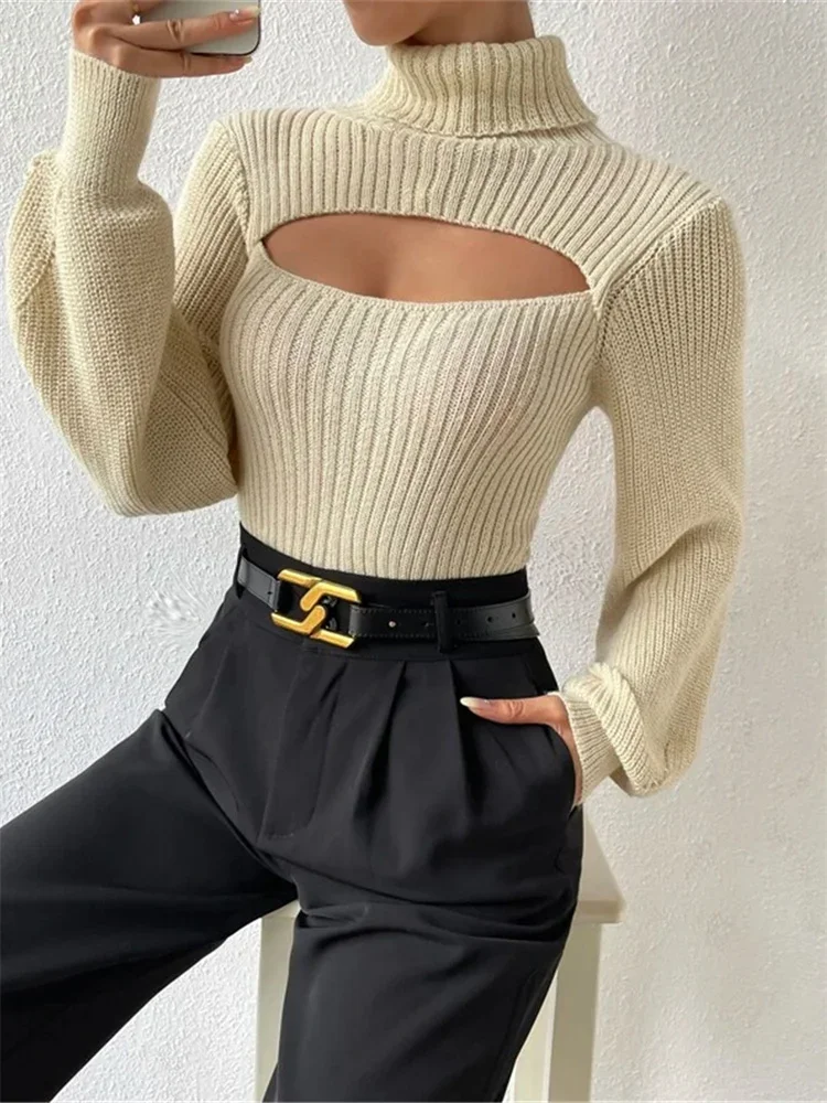 Tossy Hollow Out Knit Sweater Pullover For Women Turtleneck Fashion Ribbed High Street Long Sleeve Knitwear Loose Sweater Female