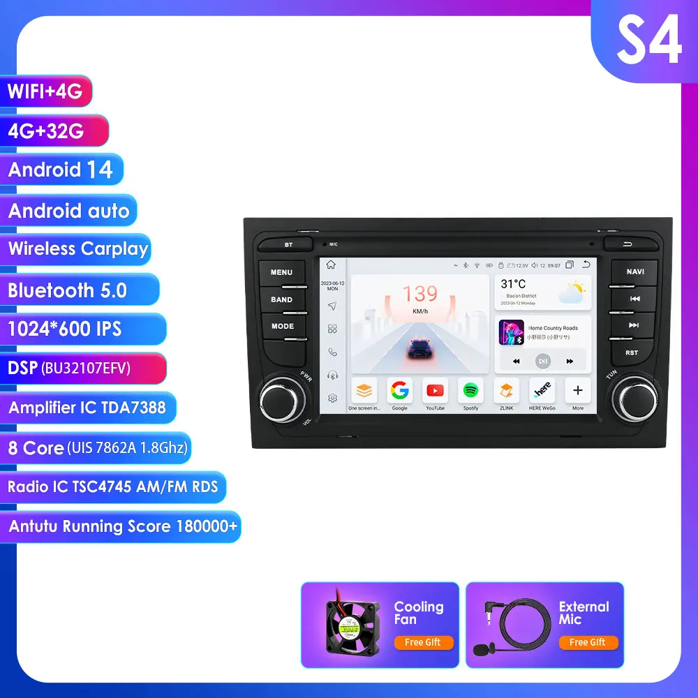 Hizpo 7 inch draadloze CarPlay Android Auto autoradio voor Audi A4 B6 B7 S4 RS4 2000-2009 Multimedia draadloze Apple CarPlay slimme intelligente systemen IPS touchscreen stereo videospeler 2Din