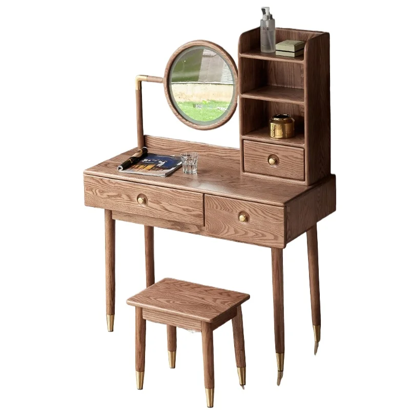

Nordic solid wood dresser small apartment bedroom modern simple makeup table log wind with light
