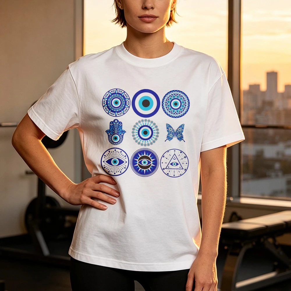 Retro Trend Evil Eye Hamsa Grid Graphic Tee Mandala Butterfly Protection Charm Unisex Top Harajuku Cotton Short-sleeve Tees