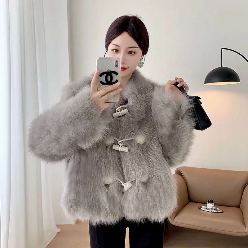 

Lapel Short Faux Fur Coats Loose Horn Button New Brown Furry Jacket Fluffy Warm Thick Faux Fox Plush Coat Casual Luxury Elegant