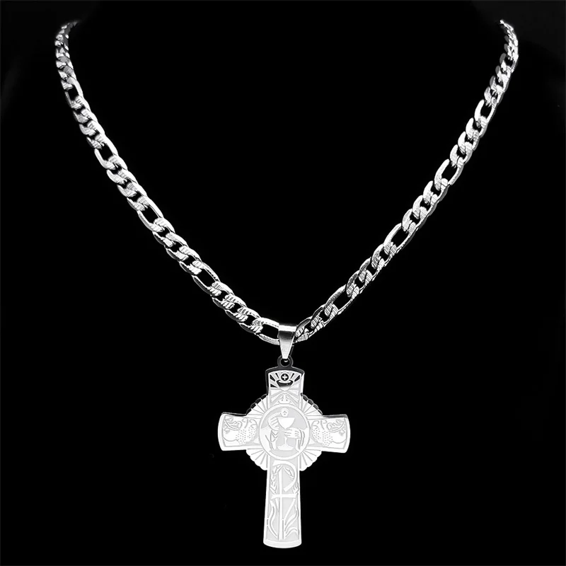 Holy Communion Cross Pendant Necklace for Men Hip Hop Stainless Steel Christian Religion Faith Necklaces Jewelry Gift N3009SRS05