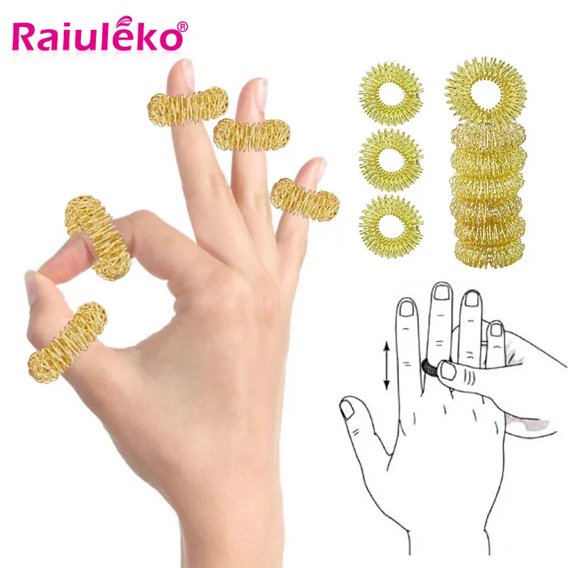 200PCS Finger Massage Ring Acupuncture Acupressure Gold Ring Steel Health Care Hand Body Massager Tens Stress Relief