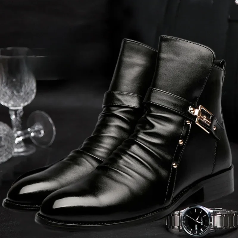 2025New Men's Boots Fashion Motorcycle Boots Luxury High-top Leather Boots for Men Business Pointed Short Boot Big Size45 Botas