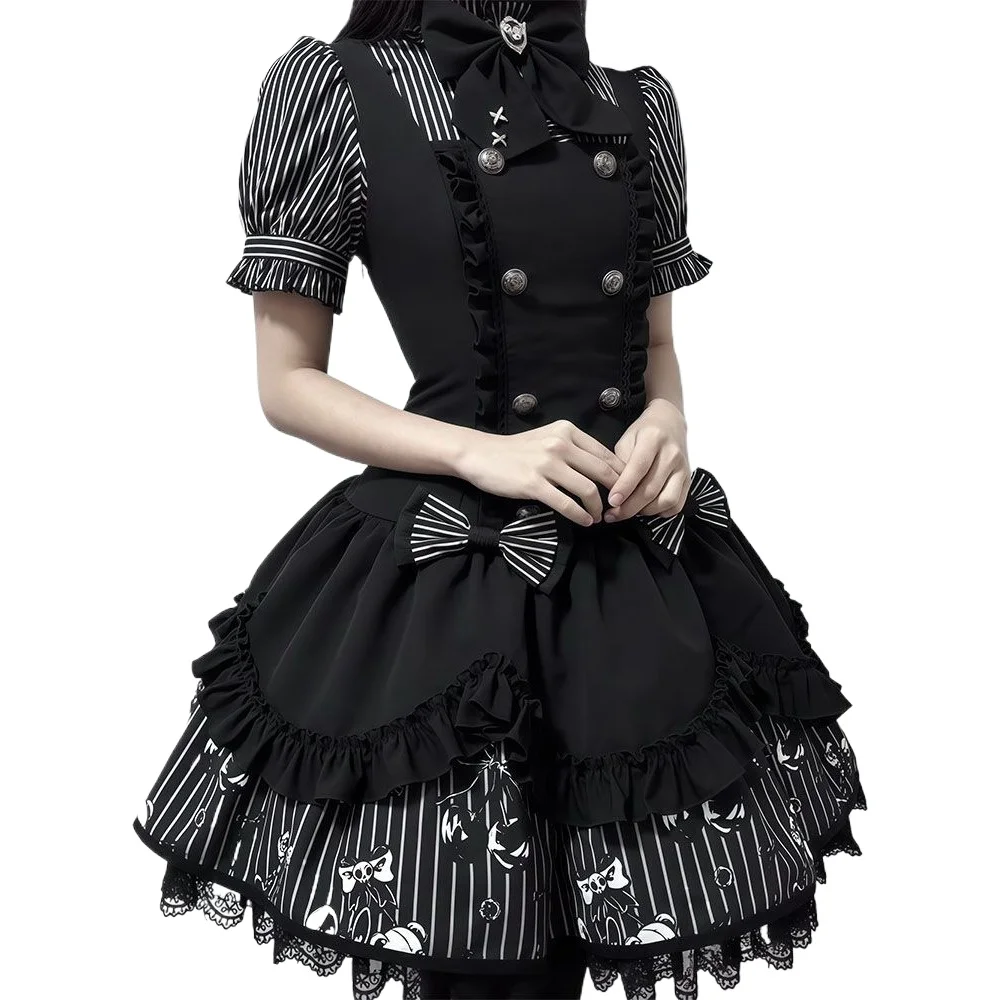Gotische gestreepte Lolita jurkenset voor dames, met pofmouwen, gestreepte blouse, jarreteljurk, donkerzoete strik, kant, gelaagde prinsessenoutfit - afbeelding 2