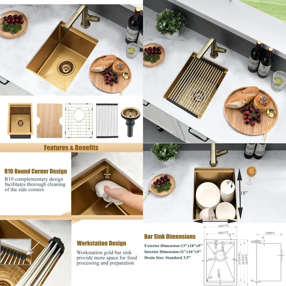 

Gold Stainless Steel Undermount Bar Sink, 13 Inch by 18 Inch, 18-Gauge, Single Bowl, Small Kitchen Sink Workstation