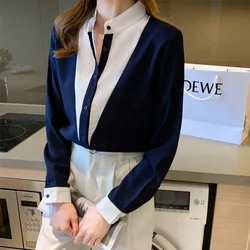 Office Lady Blue White Patchwork Fashion Shirts Women Long Sleeve Loose All-match Blouse Button Vintage Top