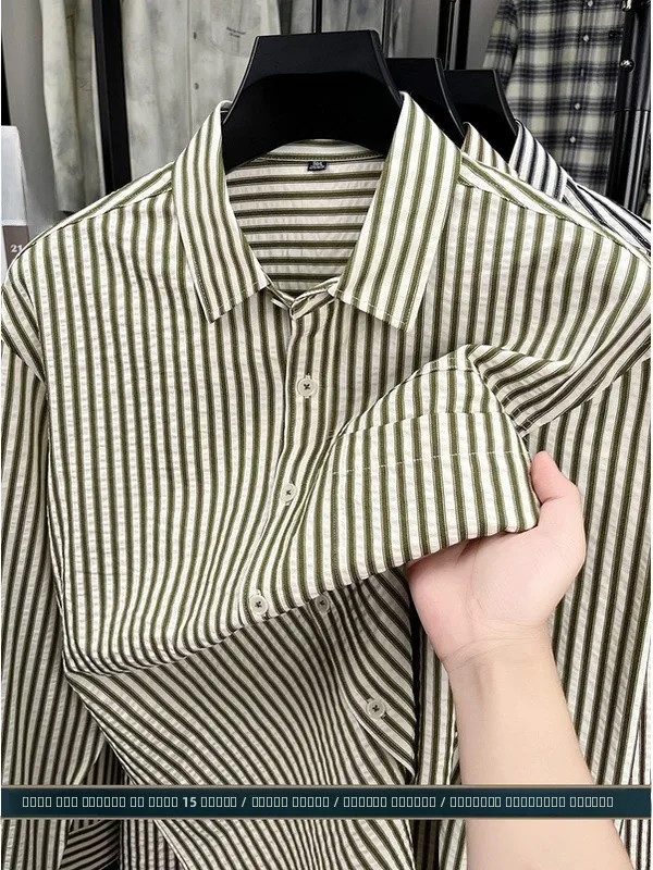 

Мужская повседневная рубашка свободного кроя в полоску с длинным рукавом, воротником-стойкой, из смесового хлопка и полиэстера, дышащая, комфортная