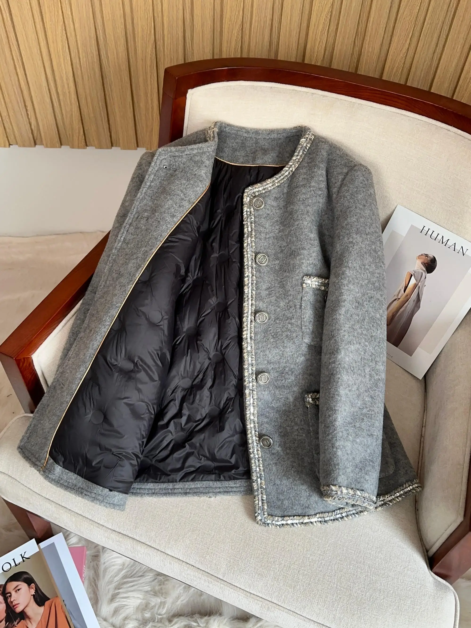 

Элегантная шерстяная стеганая куртка Ele ey, мягкая, туманно-голубая, с 90% белым гусиным пухом, легкая, роскошная на ощупь, A7232, для повседневной носки, с длинными рукавами.