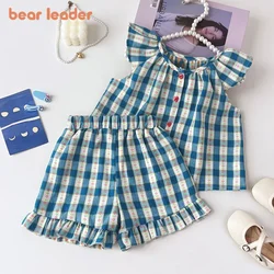 Bear Leader Korean Version Flowers Plaid Print Fly Sleeve Shirt Tops+Shorts 2Pcs Casual Kids Clothes1-5 Years Summer Girls Suit