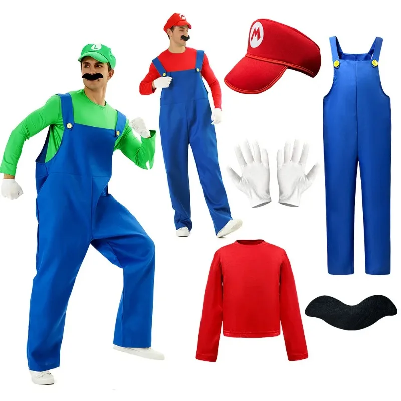 Super Luigi Brothers Spielkostüm Lustiges Anime-Kostüm für Erwachsene Männer Frauen Halloween Karneval Aufführungen mit Hut Schnurrbart Handschuhen