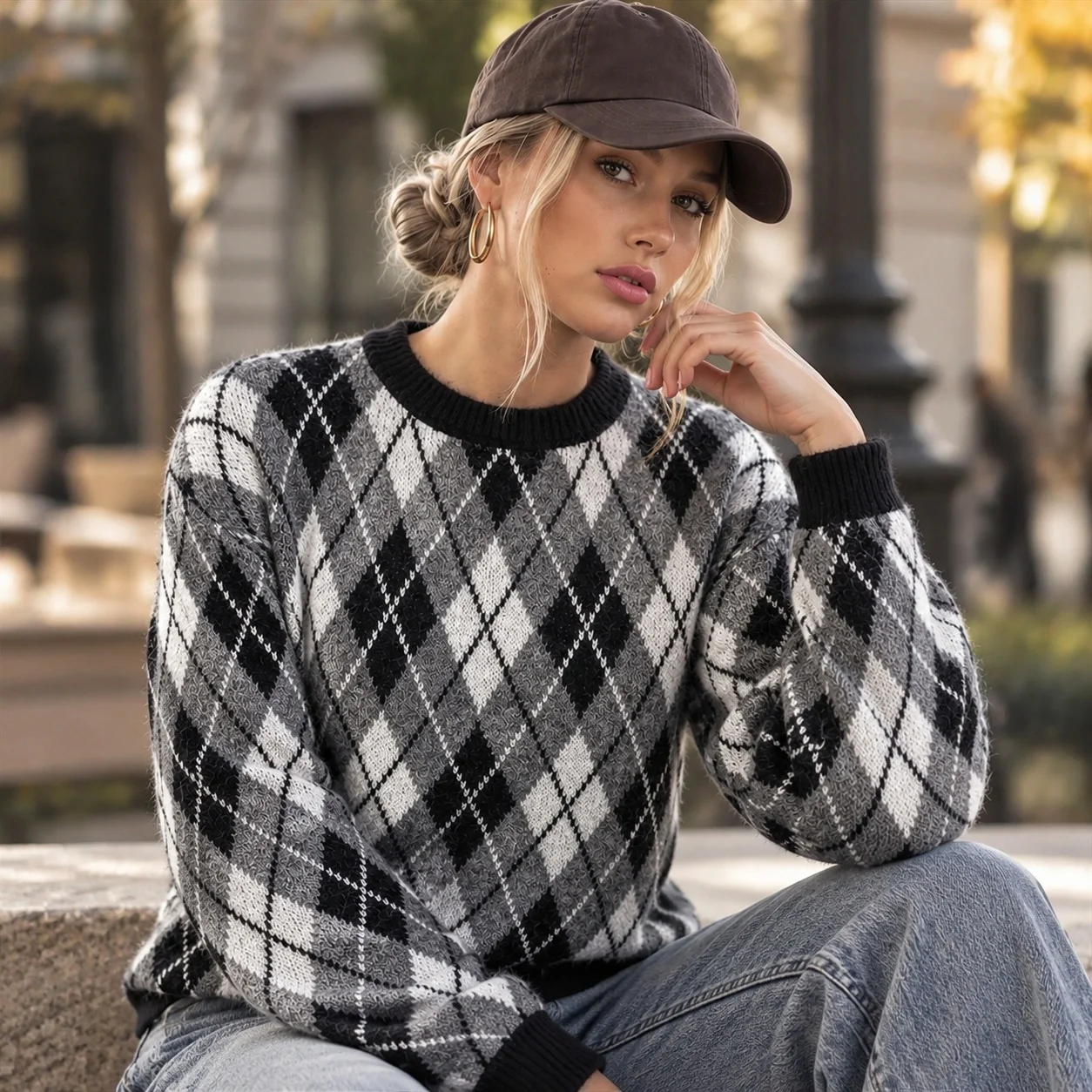 Long Sleeve Pullover Sweater Regular Length Street Style with Winter Medium Weight Casual Halter Neck Single Plaid Women Sweater