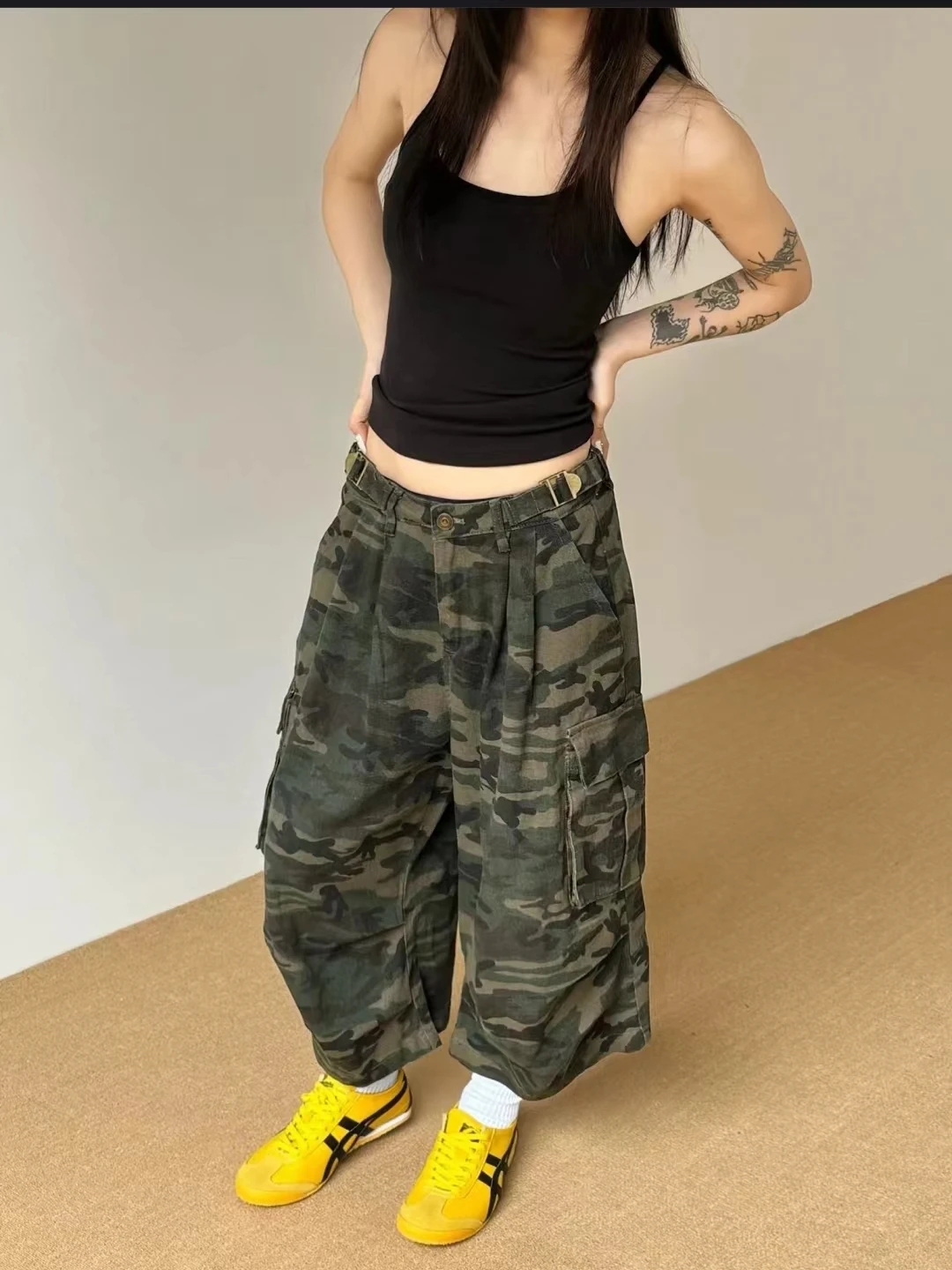 

Camouflage Straight Leg Seven-Foot Pants Men's Women's Summer Retro Large ket Wide Leg Workwear orts Trendy Casual Pants
