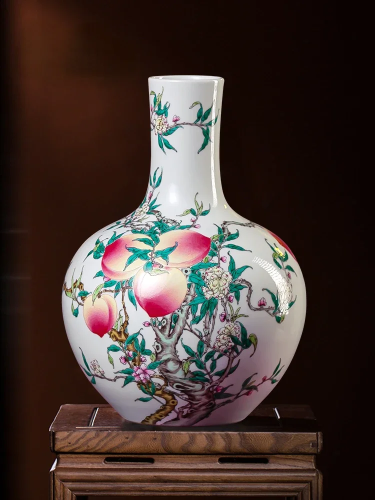 

Jingdezhen Ceramics Large Vase Hand Painted Pastel Nine Peach Celestial Globe Vase Large Antique Living Room