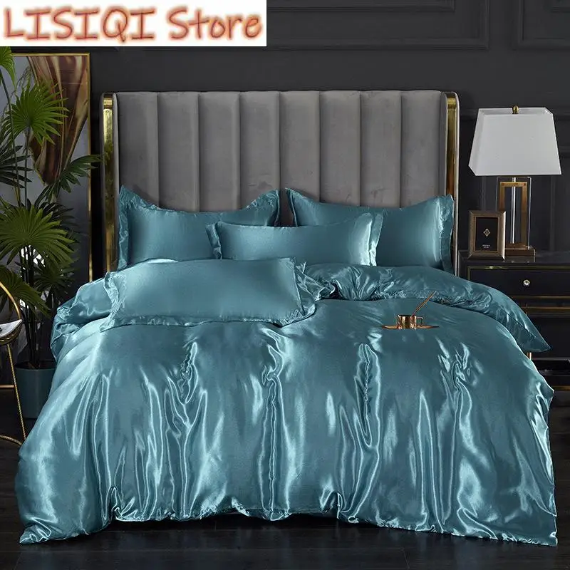 

New Silk Bedding Set with Duvet Cover Bed Sheet Pillowcase Luxury Satin Bedsheet Solid Color King Queen Full Twin Size