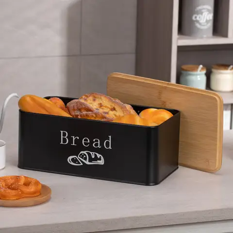 1 पीस मेटल ब्रेड बॉक्स किचन स्टोरेज कार्बन स्टील रस्टप्रूफ ब्रेड बिन बांस ढक्कन स्क्वायर एयरफ्लो संरक्षण कंटेनर के साथ 8 best sales ब्रेड होल्डर - №5