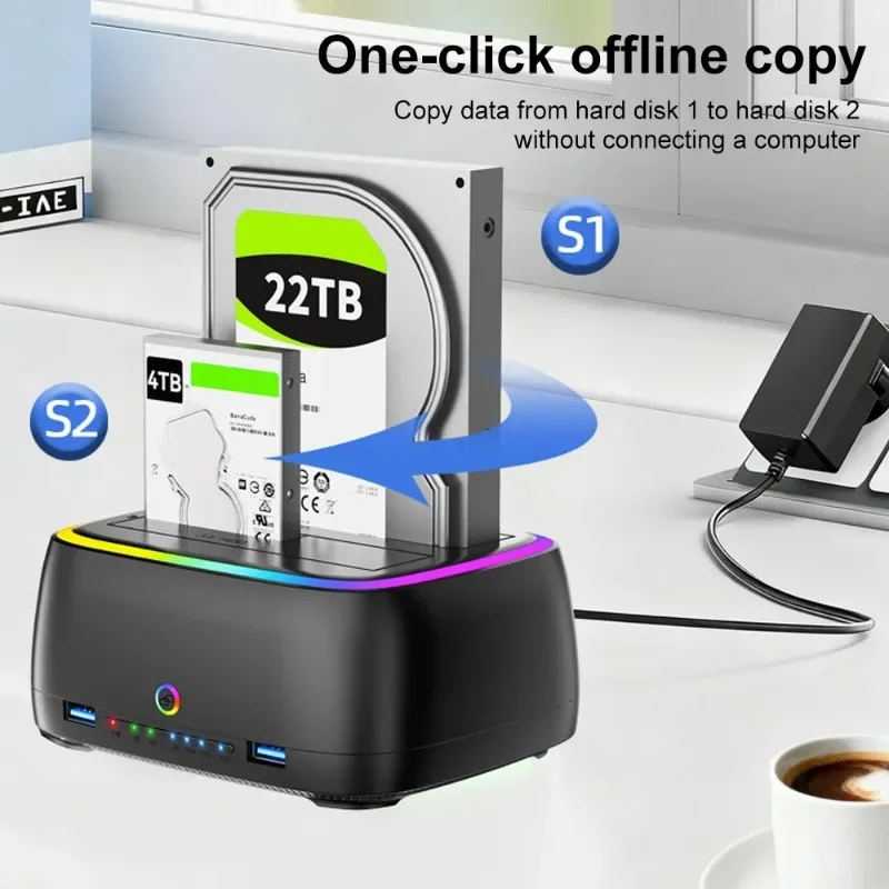 7 in 1 Dual-bay Hard Drive Station USB3.0 5Gbps SATA HDD Docking Station for 2.5/3.5' Offline HDD/SSD Clone Enclosure TF/SD Card