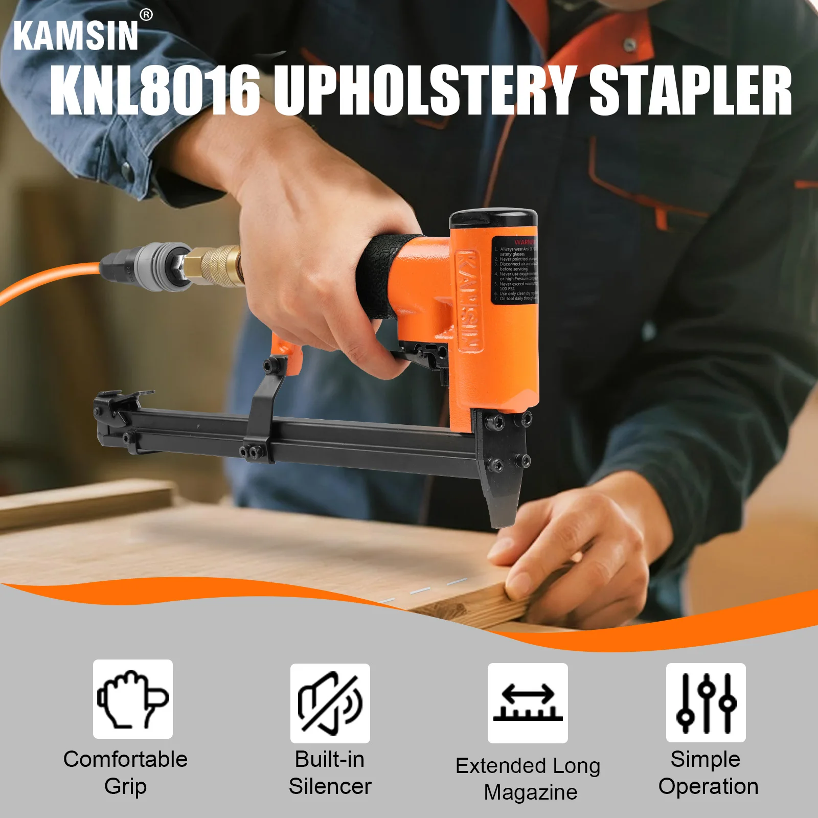 

KAMSIN KNL8016 21 Gauge Pneumatic Upholstery Stapler with Extended Long Magazine for Woodworking
