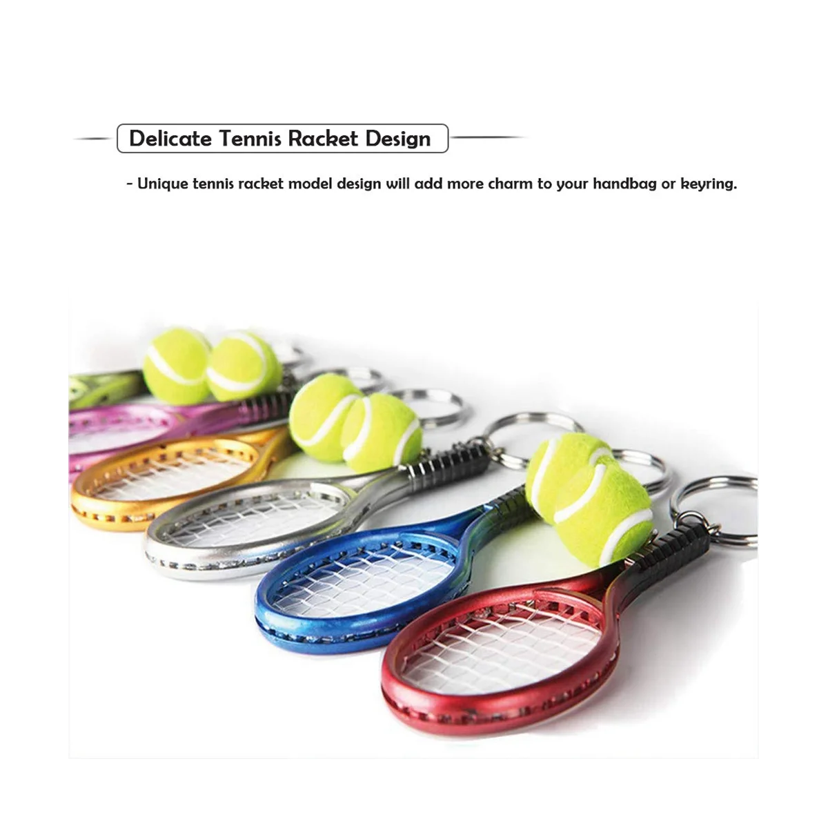 12Pcs Mini Tennis Racket Keychain Key Ring, Fashionable Tennis Ball Split Ring Keychain for Sport Lovers Team