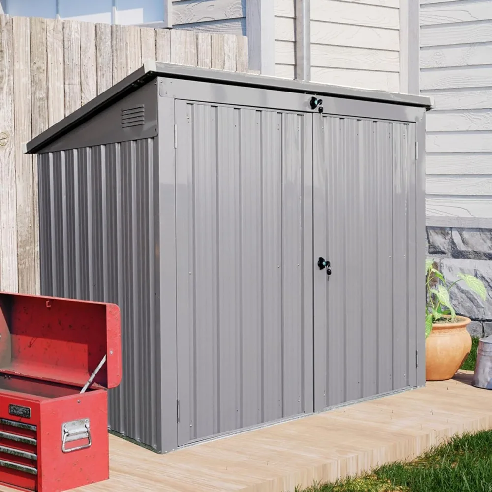 

62” Grey Metal Outdoor Storage Shed with Sloped Roof, Lockable Tool Shed for Trash Cans, Garden Tools, Firewood, or Pet House, W