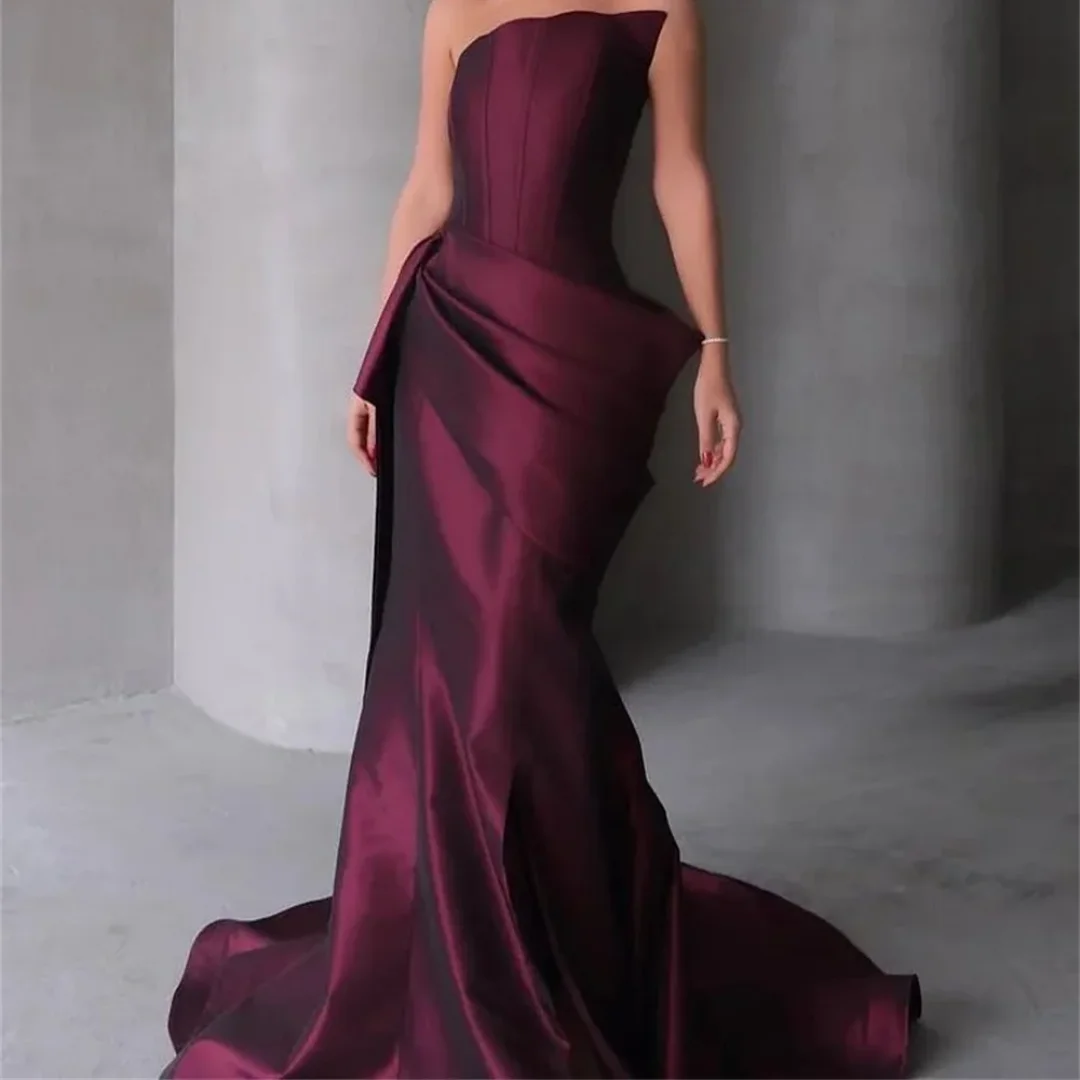 

Charming Purple Strapless Mermaid Prom Dress Draped Sleeveless Satin Floor-Length Formal Evening Customized
