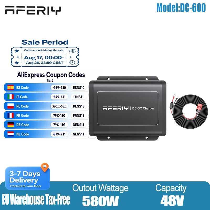 Cargador de Coche Portátil AFERIY DC 580W 48V, Enchufe Europeo, Carga Rápida y Segura 6 Veces Más Rápida, Almacenamiento de Energía, para Acampar al Aire Libre, Hogar, Uso en Diversos Escenarios,