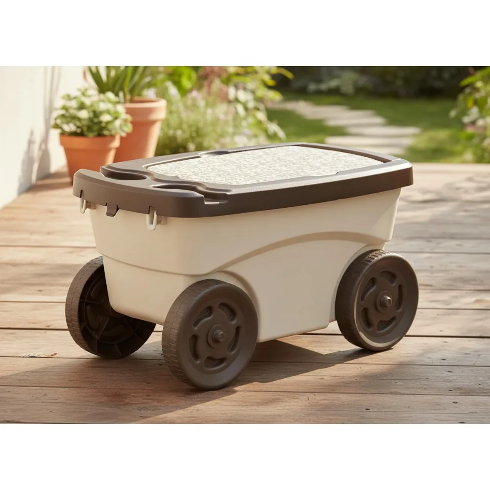 

4-Wheel Garden Scooter Cart with Storage Bin, Cushioned Seat & Drink Holders for Easy Gardening
