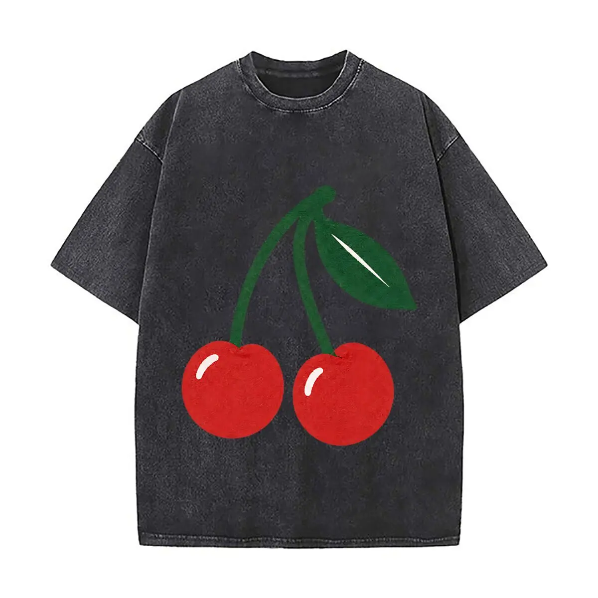 Red Cherry Pair Green Leaf Botanical Fruit Illustration Distressed Vintage Oversized Streetwear Tops for Coffee Dates