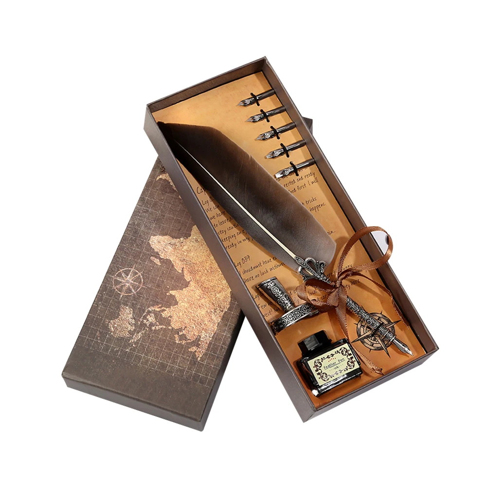 خمر ريشة تراجع القلم متعدد الألوان الريشة أقلام حبر الكتابة زجاجة حبر مجموعة القرطاسية الزفاف هدية عيد ميلاد صندوق #5