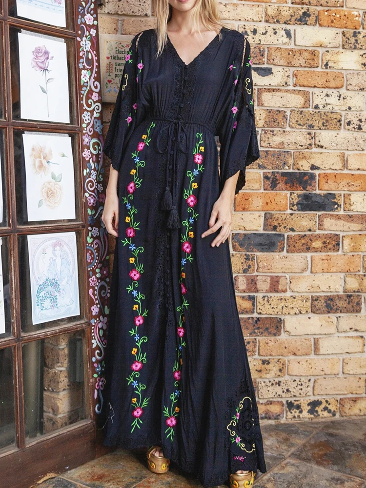 

Gypsylady Floral Embroidery Black Maxi Dress Vintage Long Flare Sleeve Vocation Sexy Lace Up Women Dresses Ladies Vestidos Robe