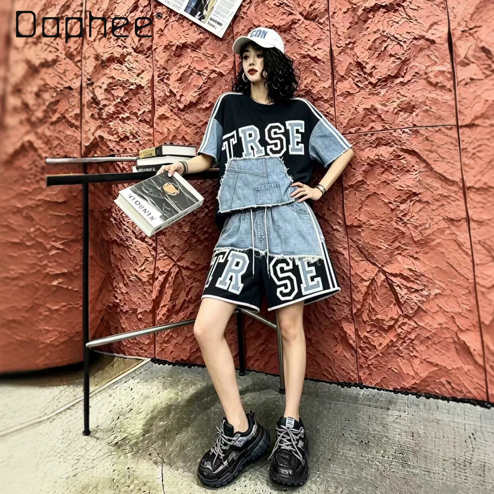 

European T-shirt Women's 2026 Summer New Letter Print Denim Patchwork Short-sleeve Top Elastic Loose Shorts Sold Separately