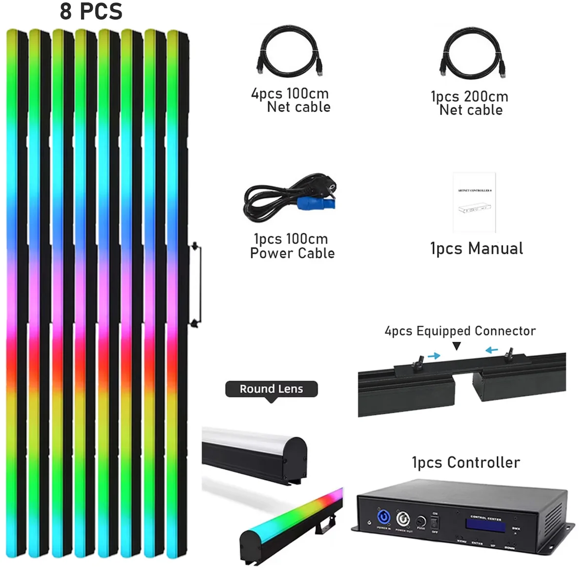 8 pezzi di strisce luminose a pixel a colori con controller DMX ArtNet, tubo a LED a pixel programmabile per DJ, feste, club e illuminazione scenica.