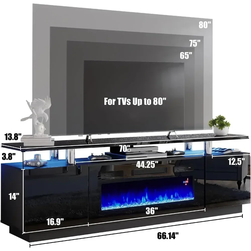 Mueble para TV con chimenea de 36", centro de entretenimiento moderno para chimenea de alto brillo de 70", mueble consola de 2 niveles, soportes para TV