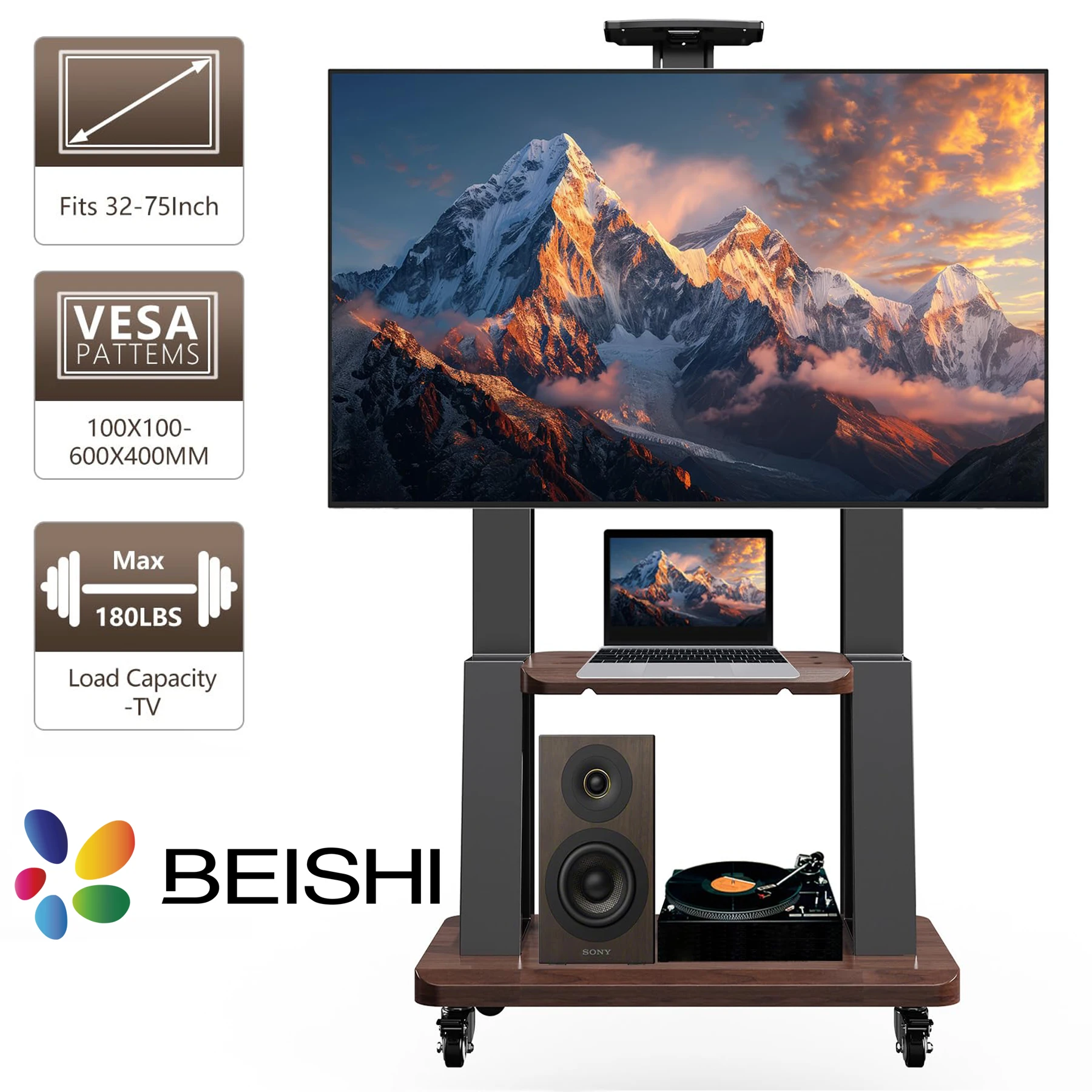 

Mobile TV Stand for 32-75" Flat Curved Screen TV Cart Media Shelf Tray,Height Adjustable Heavy Floor TV Stand Portable TV Stand