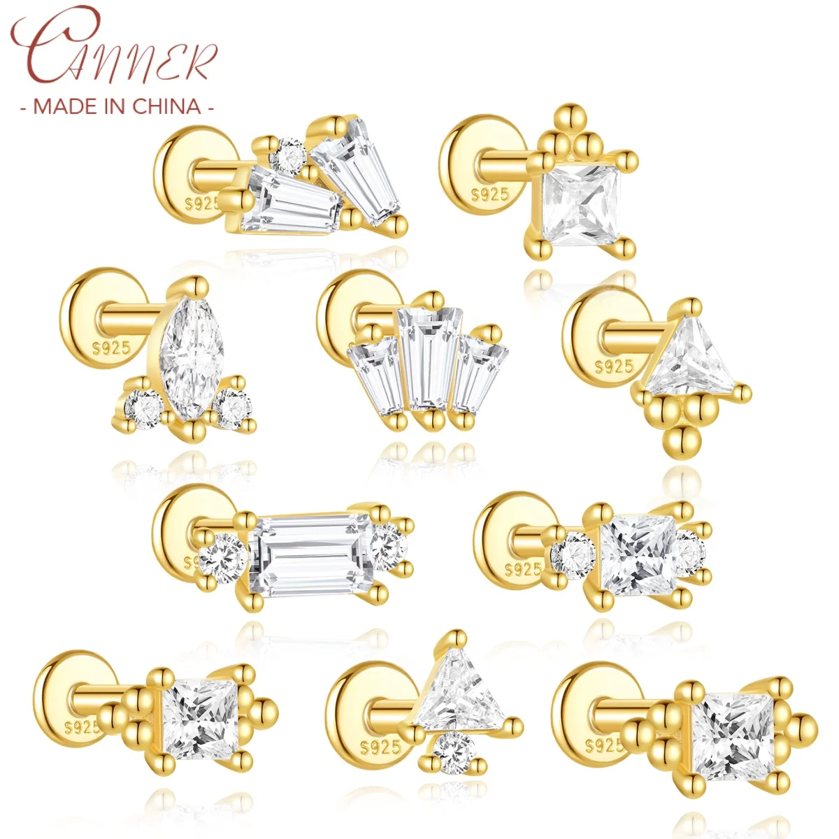 CANNER 1Pc 925 Silver Small Elegant Square Zircon Stud Earrings For Women 18K Gold Spiral Flat Bottom Puncture Ins Fine Jewelry
