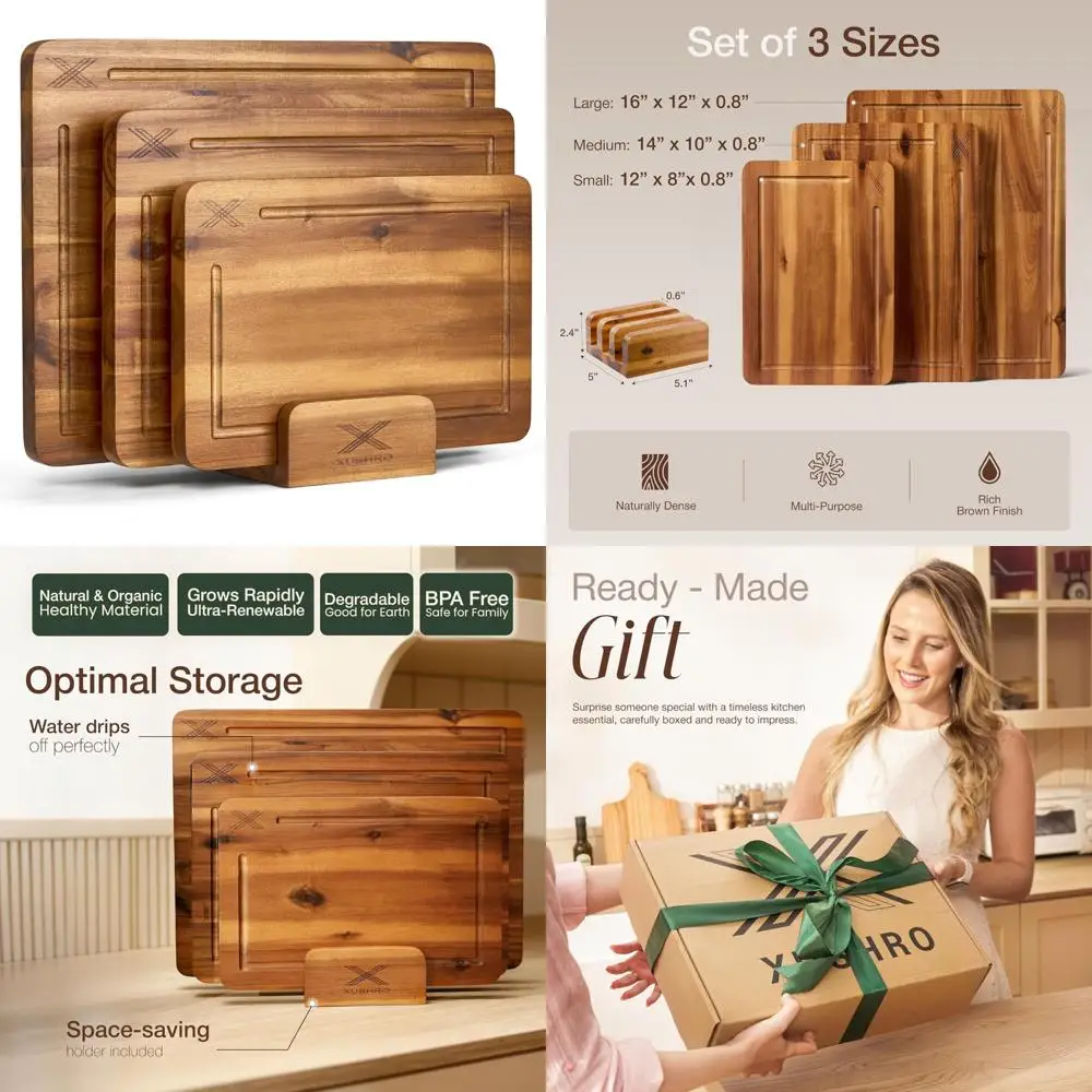 

Acacia Wood Cutting Board Set - 16x12, 14x10, 12x8 Inches - Thick Kitchen Chopping Boards