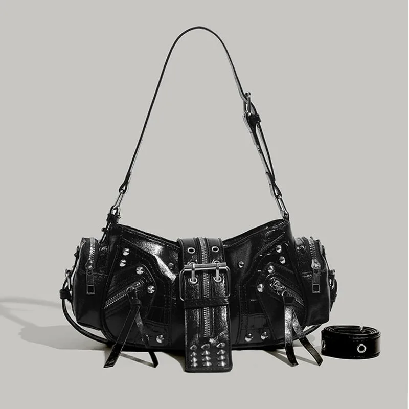New European American Retro Fashion Handbag Niche Design Spice Girl  One Shoulder Commuter Diagonal Straddle Motorcycle Bag