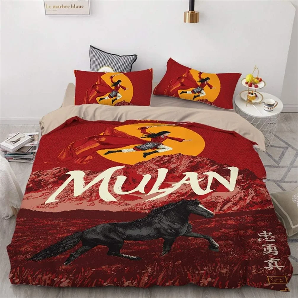 Mulan 3D Print Bedding Set Disney Princess Mulan Duvet Covers Pillowcases for Girls Kids Gift Quilt Cover Soft Single Double