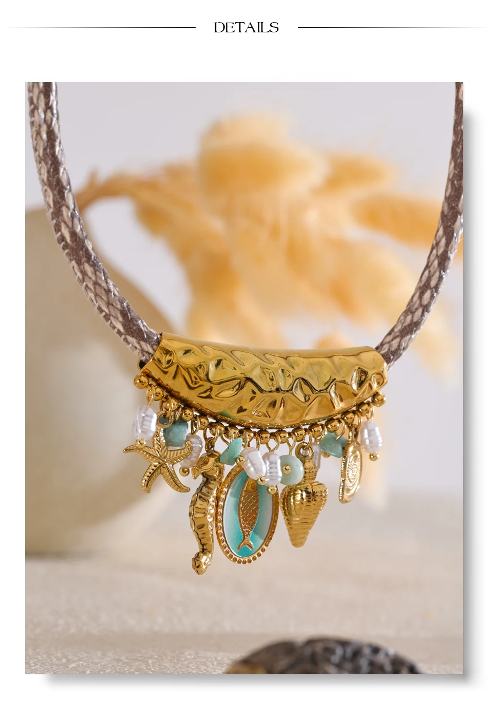 Yhpup Exklusives Design, handgefertigter Schmuck, Perlen im Ozean-Stil, Seestern, Muschel, Fischtropfen-Halskette, exquisiter Edelstahl-Schmuck – Detail 14