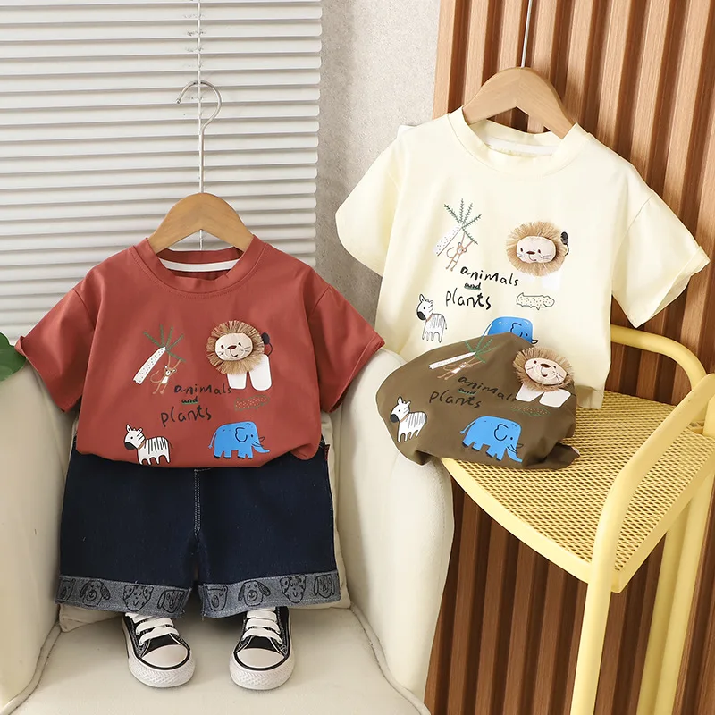 

Children Fashion Sets Summer Baby Boy Cotton Cartoon T-shirt+Denim Shorts 2pcs Outfits Kids Casual Suit 1-5 Years
