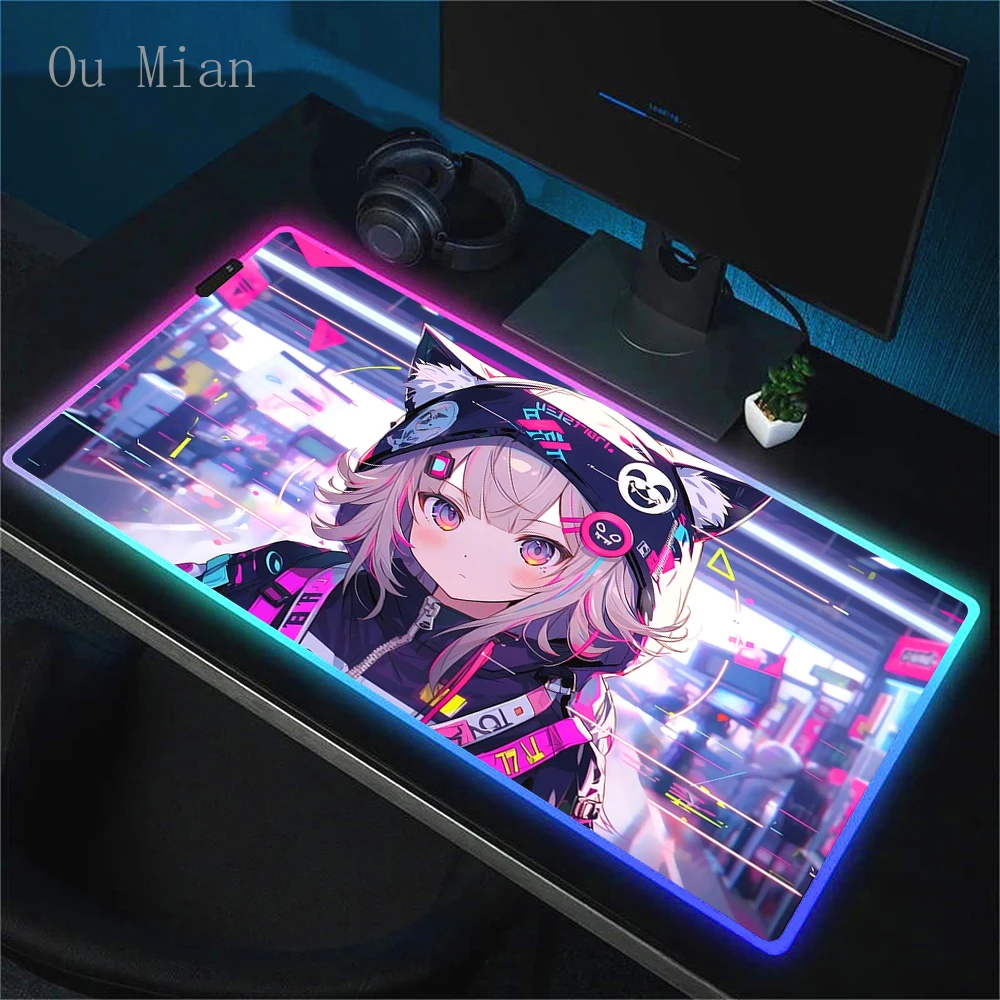 Mousepad RGB Colorful Lumious Lighting Mouse Pad Pc Keyboard Mausepads Kawaii Pink LED Carpet Anime Girls Glow 40x90 Large rug