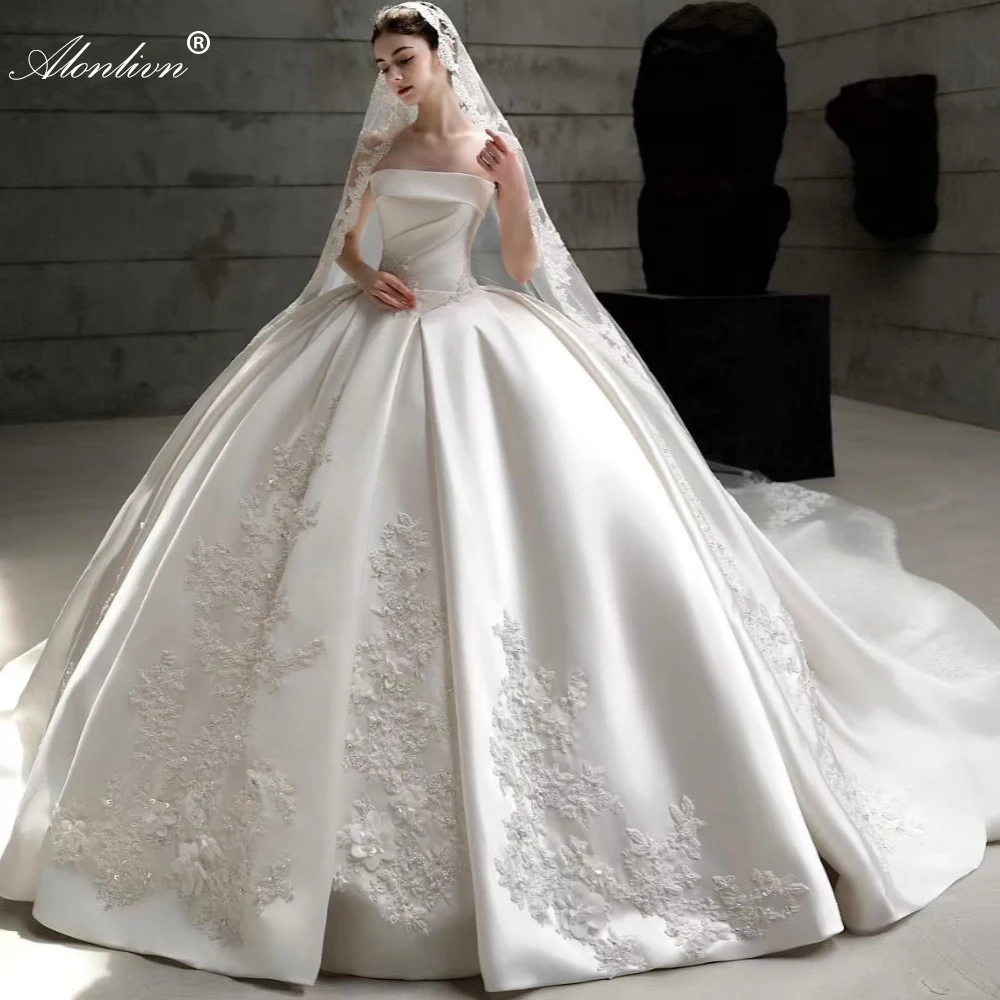 Alonlivn Custom Made Luxury Satin Ball Gown Puffy Wedding Dresses Boat Neck Beading Appliques Lace For Brides