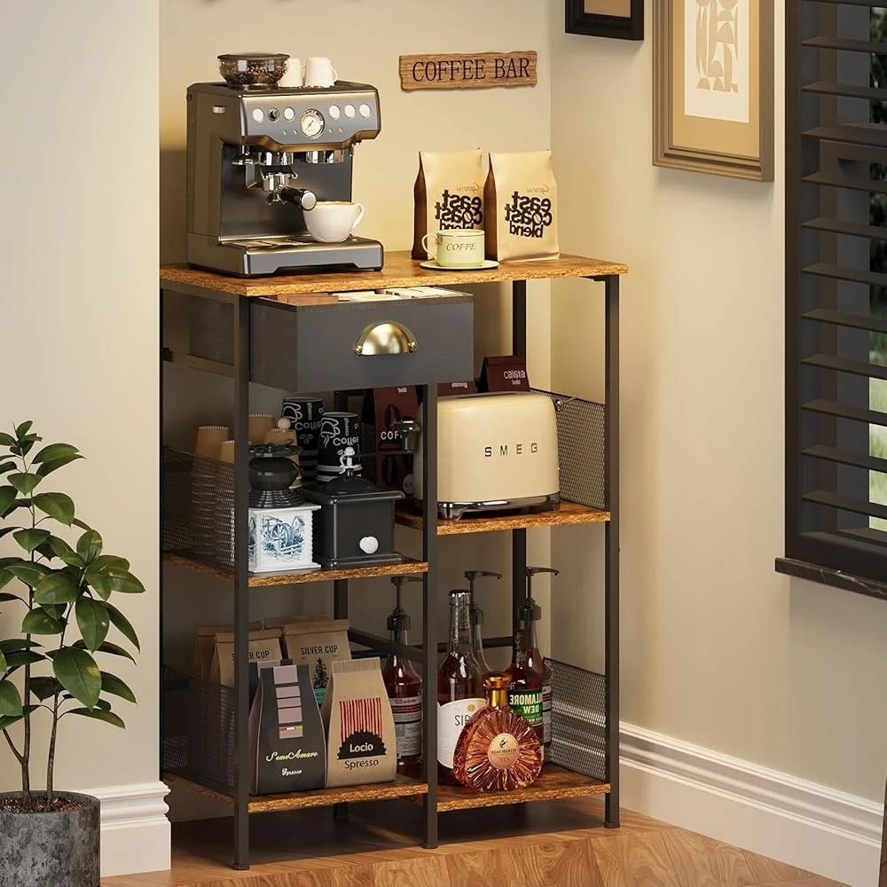 5-Tier Coffee Bar Stand with Drawer Rustic Kitchen Storage Compact Microwave Rack Space Saver