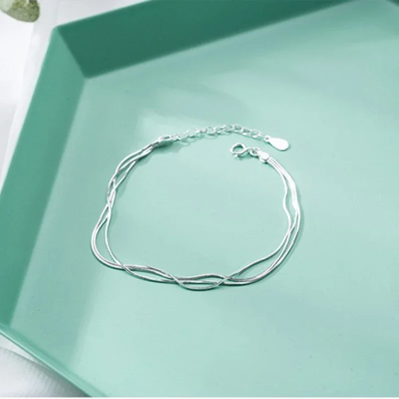 Pulseras de capas simples para mujer, joyería Coreana de plata 925, pulsera de plata de ley 925