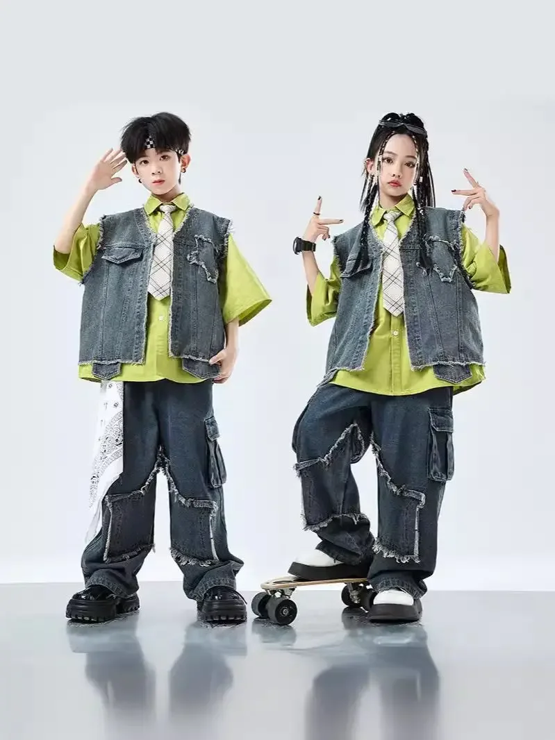 Hip Hop Girls Denim Vest Pocket Shirt Jeans Boys Jazz Streetwear Dance Baggy Denim Pants Children Clothes Kids Showing Outfits