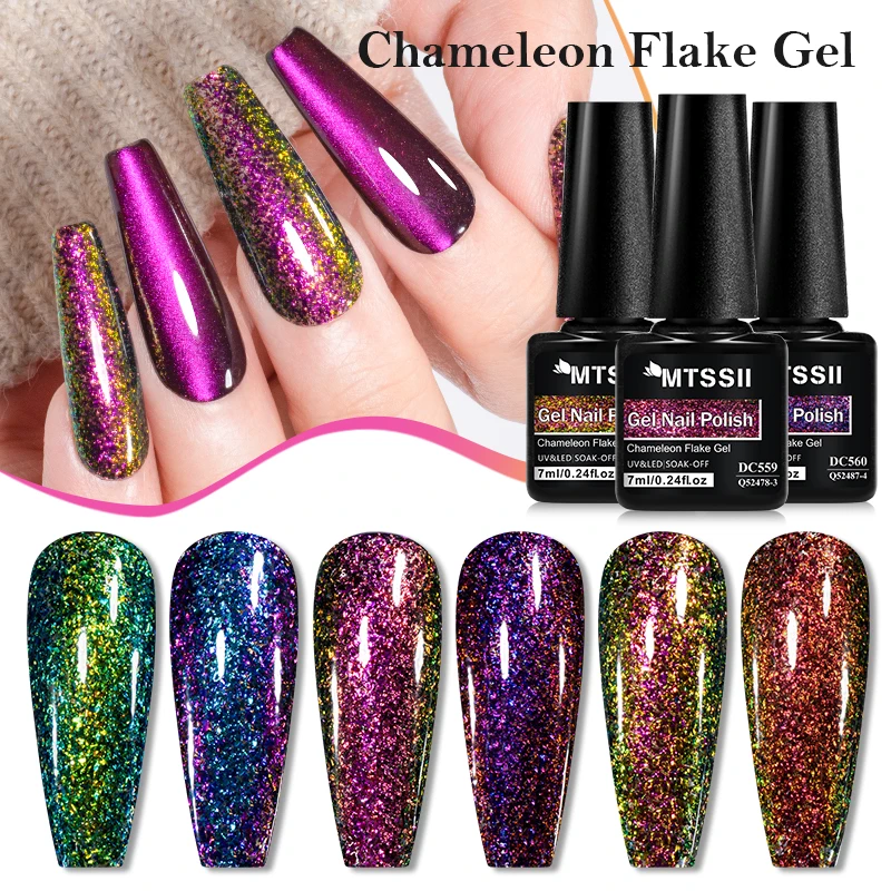 MTSSII 7ml Chameleon Flake Gel Nail Polish Sparkling Glitter Gel Polish Semi Permanent UV Gel Soak Off Nail Art Varnish Manicure