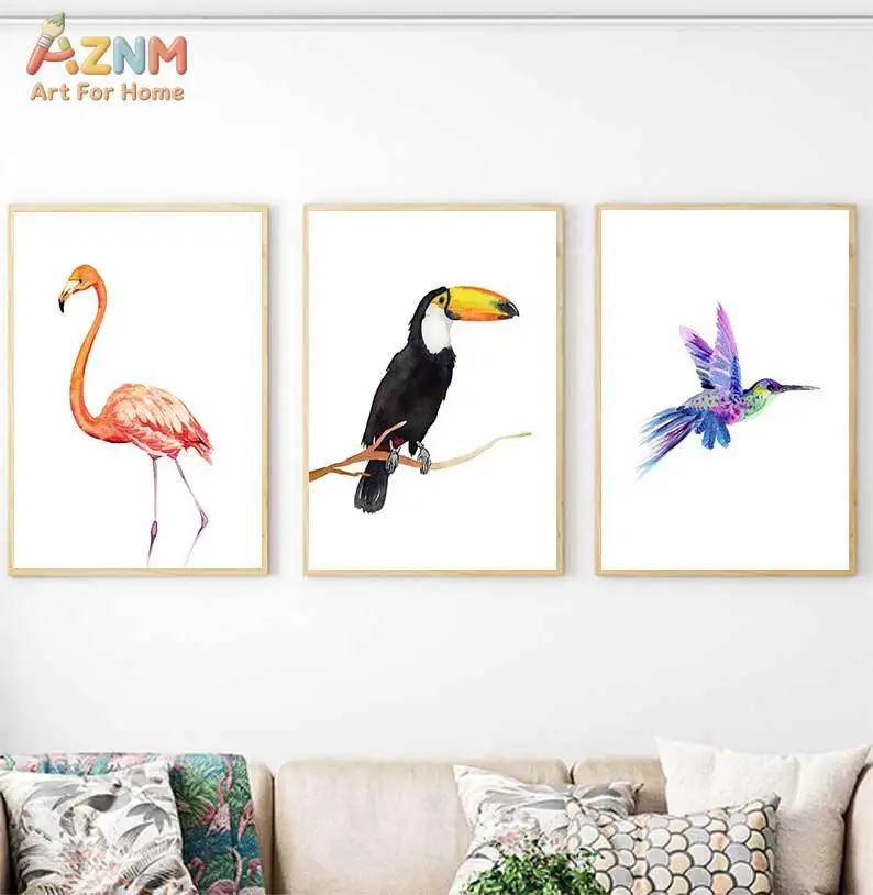 AZNM Watercolor Tropical Bird Canvas Wall Art Flamingo Toucan Hummingbird Minimalist Wildlife Print Unframed Canvas Modern Home