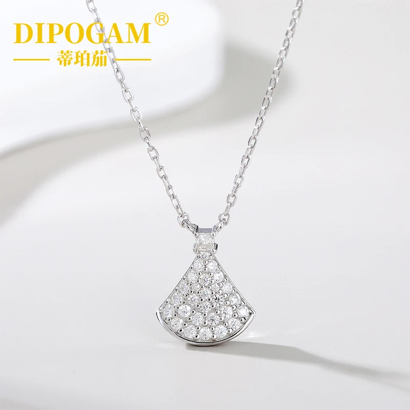 

925 Sterling Silver Skirt Pendant Necklace Lab Created Gemstone Paved Fan Shaped Chain Elegant Luxury Fine Jewelry Gift Women